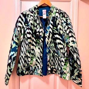 NWT Women’s Chico’s Green Print & Blue Reversible Linen Jacket, Size 0 (US 4/6)